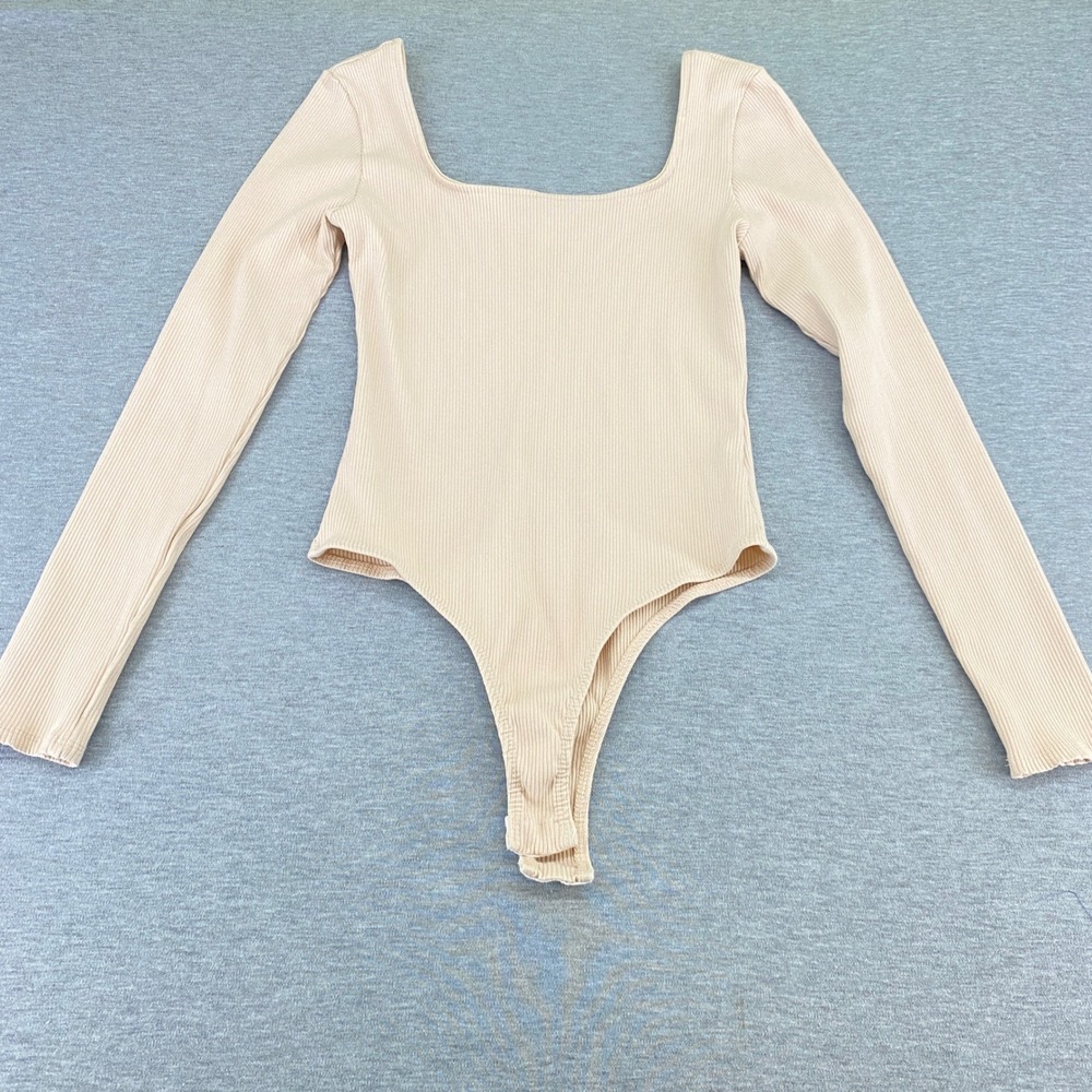 Altar'd State Bodycon Layering Bodysuit Women L Beige Ribbed LS Square Neck